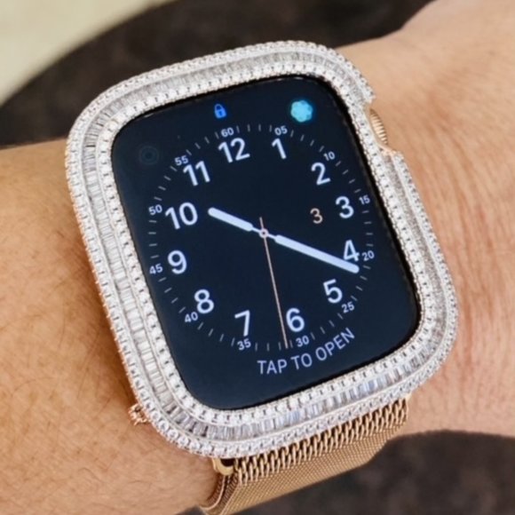 EMJ Bling Rose Gold Apple Watch Baguette Zirconia Bezel Face Case Cover 40/44 mm - Picture 1 of 4